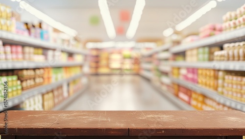 A supermarket aisle captured from a low angle, focusing on a weathered wooden table in the foreground