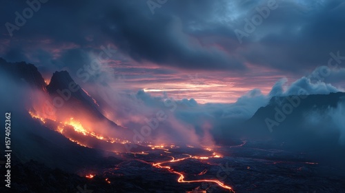 Fiery Volcanic Eruption at Night Dramatic Landscape