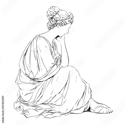 Elegant figure in contemplation with flowing robes in classical style