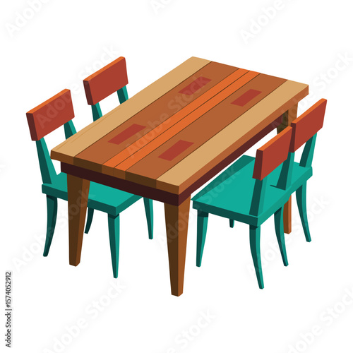 Brown wooden table and chairs, isolated on white, are perfect for a vintage dining room interior design