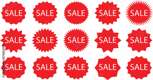 Starburst sale price stickers and labels, star and rosette, sunburst, callout and splash, stamp and tag badges, Isolated vector circle and oval red stickers