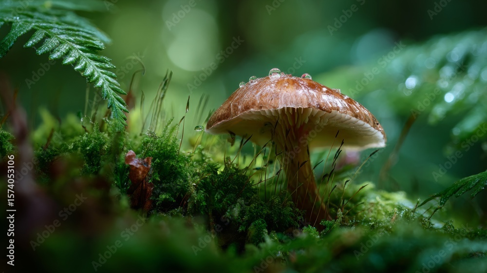 Fototapeta premium A close-up of a mushroom cap glistening with dew, surrounded by lush green moss and ferns, in the heart of the forest