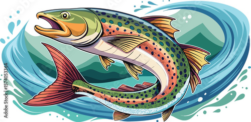 Vibrant rainbow trout leaping from stylized blue water with mountain background
