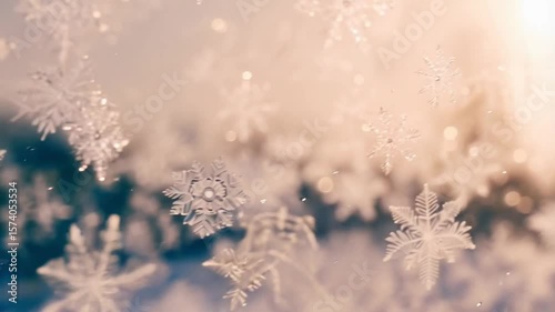 Delicate snowflakes drifting through soft golden light – winter video