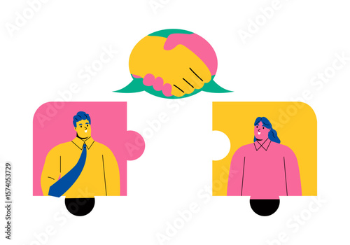 Hold hands on a jigsaw puzzle. Ideas work together or work as a team to support each other. Flat vector illustration isolated on white background