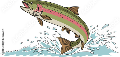 Colorful rainbow trout leaping dynamically from splashing water in a stylized illustration