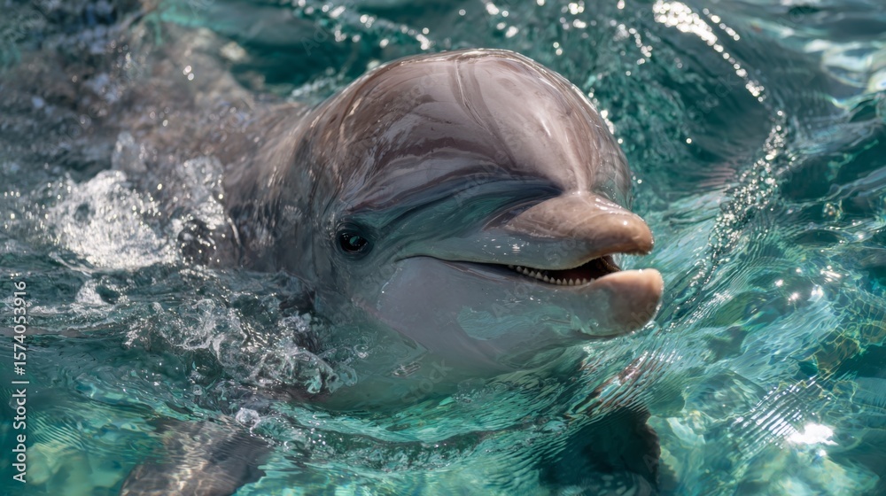 Fototapeta premium A close-up of a smiling dolphin swimming near the waters surface.