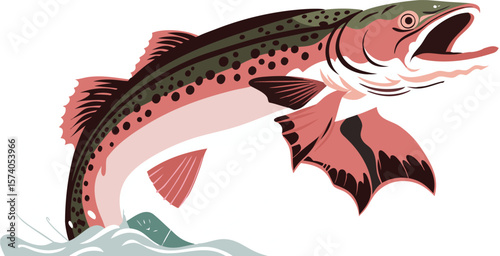 Stylized illustration of a rainbow trout leaping from stylized water