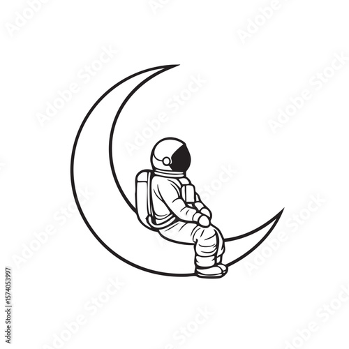 Astronaut sitting on moon crescent for creative designs and themes
