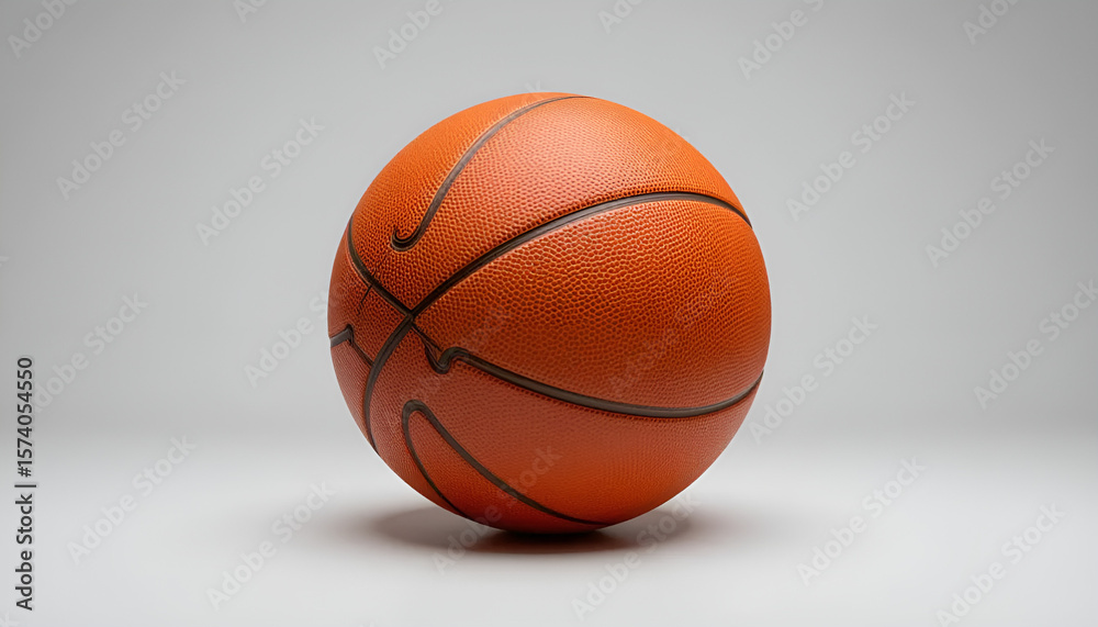 Fototapeta premium A realistic image of a basketball on a white background. The ball features the classic pebbled leather texture and bold black panel lines, showcasing the detail and quality of professional sports equi
