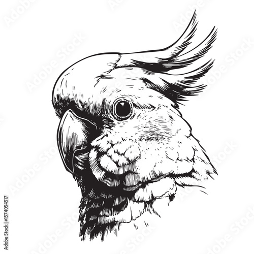 Black and white drawing of an expressive cockatoo