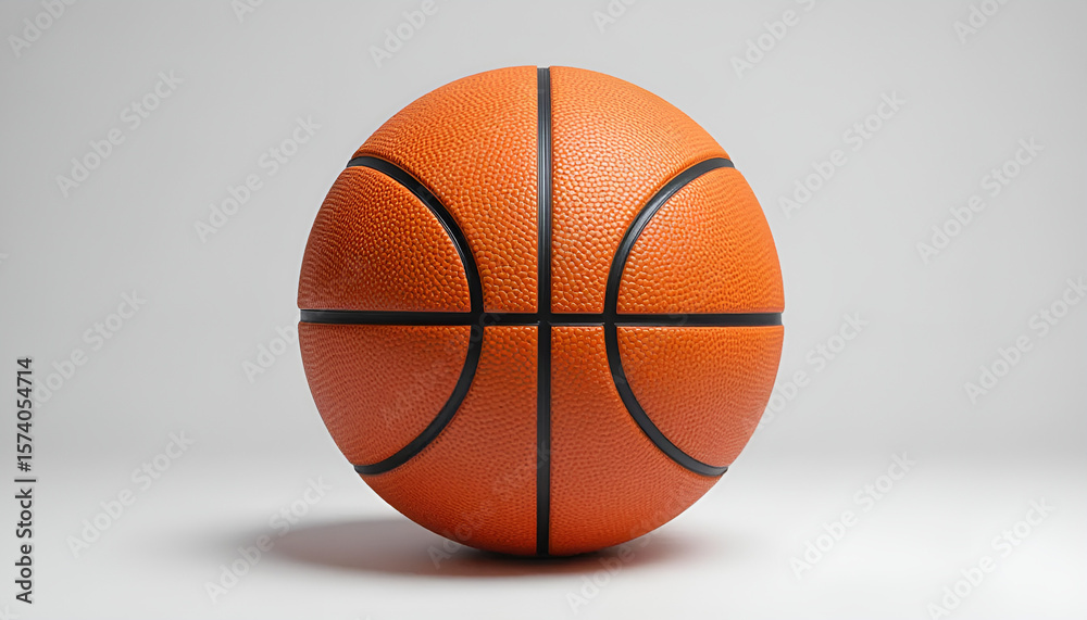 Fototapeta premium A realistic image of a basketball on a white background. The ball features the classic pebbled leather texture and bold black panel lines, showcasing the detail and quality of professional sports equi