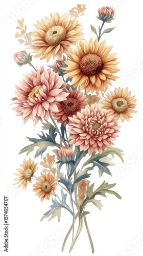 Beautiful autumn flowers watercolor illustration featuring sunflowers and dahlias isolated