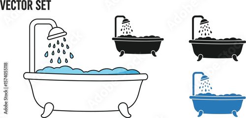 Illustration of bathtubs with showers in different colors and black silhouettes