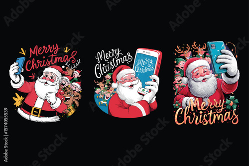 Santa and elves taking selfies reindeer christmas