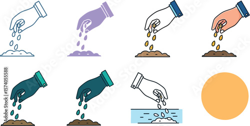 Illustration of hands planting seeds in soil with different color variations