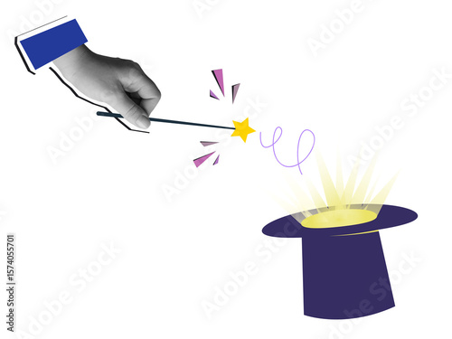 Slika na platnu A hand holding a magic wand with star above cylinder with a glow