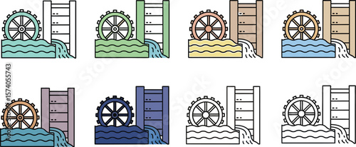 Eight water wheels with dams and flowing water in various color combinations