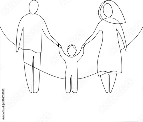 Minimalist outline drawing of a happy family holding hands with their child