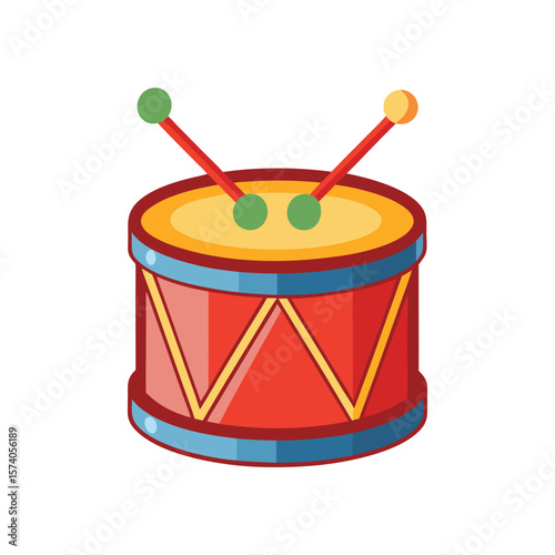 An artistic vector illustration of a traditional wood djembe drum with a stick for musical sound and rhythm