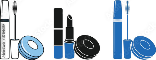 Three sets of makeup including mascara lipstick and compact in different colors