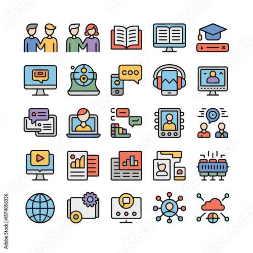 Thirty Colorful Line Icons Illustrating Online Communication Collaboration Data Management Teamwork Learning Video Conferencing and Data Analysis Concepts