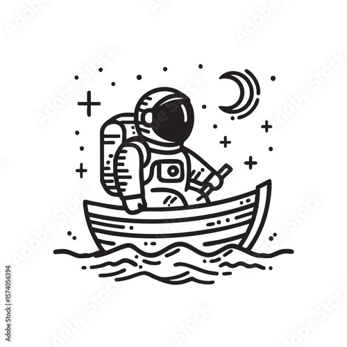 Astronaut exploring the universe while rowing a boat on calm waters