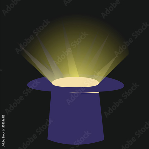 A cylinder with a glow coming from it is an attribute of an illusionist or a magician. Vector illustration isolated on dark background