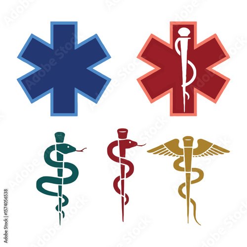 Vector set of international medical symbols, including caduceus, staff of Asclepius and star of life


