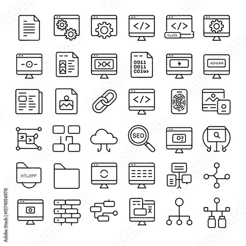 Thirty Six Black and White Line Icons Illustrating Website Development S E O and Programming Concepts Including H T M L C S P H P and Responsive Design Elements