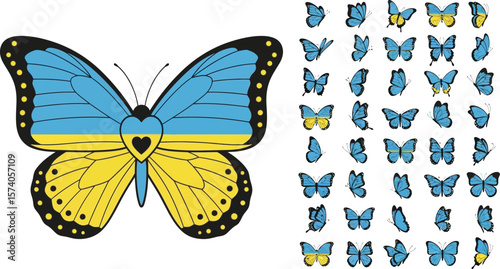Illustration of ukrainian flag butterfly and many small blue butterflies images