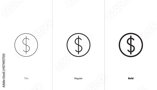 Set of dollar coin icon. thin, regular and bold line icons. dollar sign. set of US dollar coin currency. business and finance, money, finance, banking