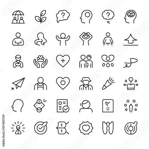 Thirty Six Black and White Linear Icons Illustrating Abstract Life Values Relationship Concepts and Human Emotions Each Icon Features Concise Textual Labeling Below