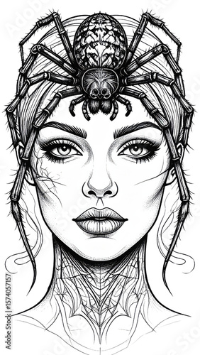 Gothic woman with large spider on head horror fantasy illustration