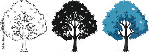 Three trees with butterflies in different styles on a white background art work