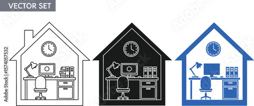 Three illustrations of home office setups in different styles and color schemes