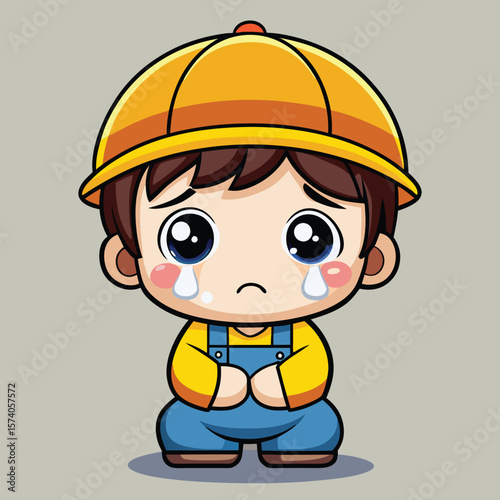 Cartoon boy wearing a yellow hard hat and blue overalls, with a sad expression and tears, is depicted on a light gray background
