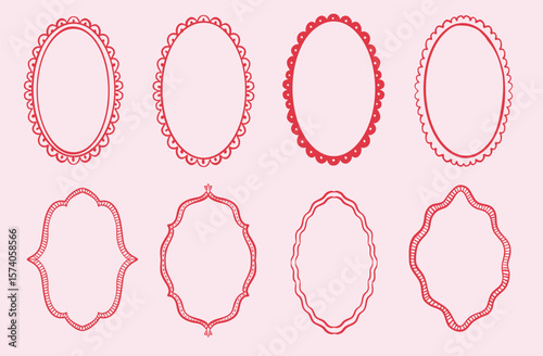 Whimsical coquette frame for greeting cards, wedding, birthday, party, picnic invitations in cute quirky style. Hand drawn scribble wavy scalloped edge border illustration set.