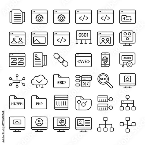 Thirty Six Blackand White Line Icons Website Development Programming Web Design Concepts Code Files Websites Servers S E O