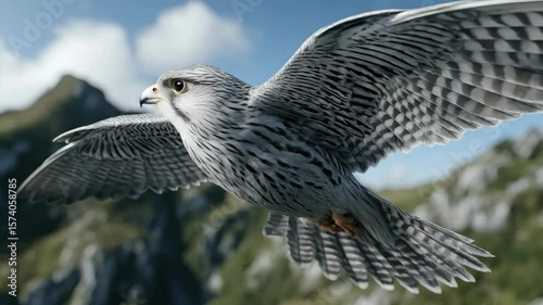 Majestic eagle soaring through clear blue sky, showcasing detailed feathers and powerful wings against stunning mountain