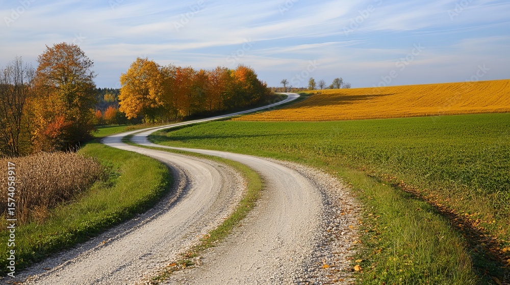 Naklejka premium A winding gravel road curves through vibrant autumnal fields, showcasing a picturesque landscape of golden and green hues under a clear sky