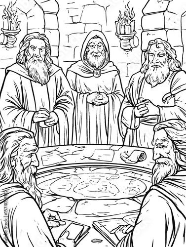 Group of Wizards Gathering Around a Mystical Table in a Castle