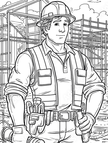 Construction Worker with Tools in Outline Art Style at Building Site