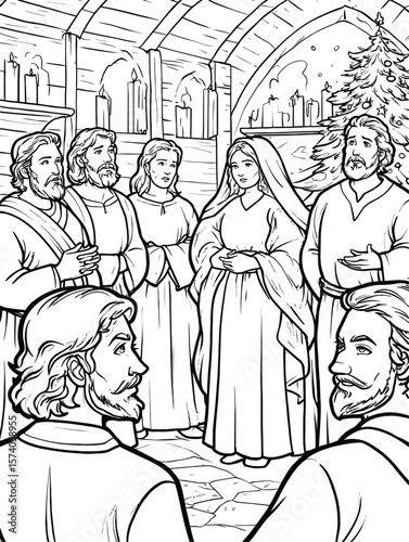 Group of People in Historic Setting with Christmas Tree and Candles