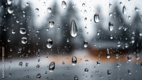 Serene Water Droplets on Window Create Calming Atmosphere, Blurring Winter Landscape with Beautiful Reflections of Nature