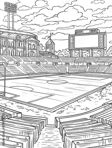 Line Art of Empty Sports Stadium with Seating and Scoreboard