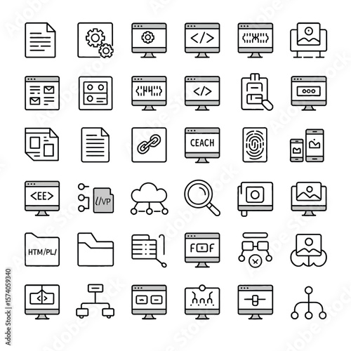 Thirtysix Black and White Line Icons Illustrating Website Design Responsive Design Coding S E O and Web Development Concepts Each Icon is Neatly Arranged in a Square Grid on a