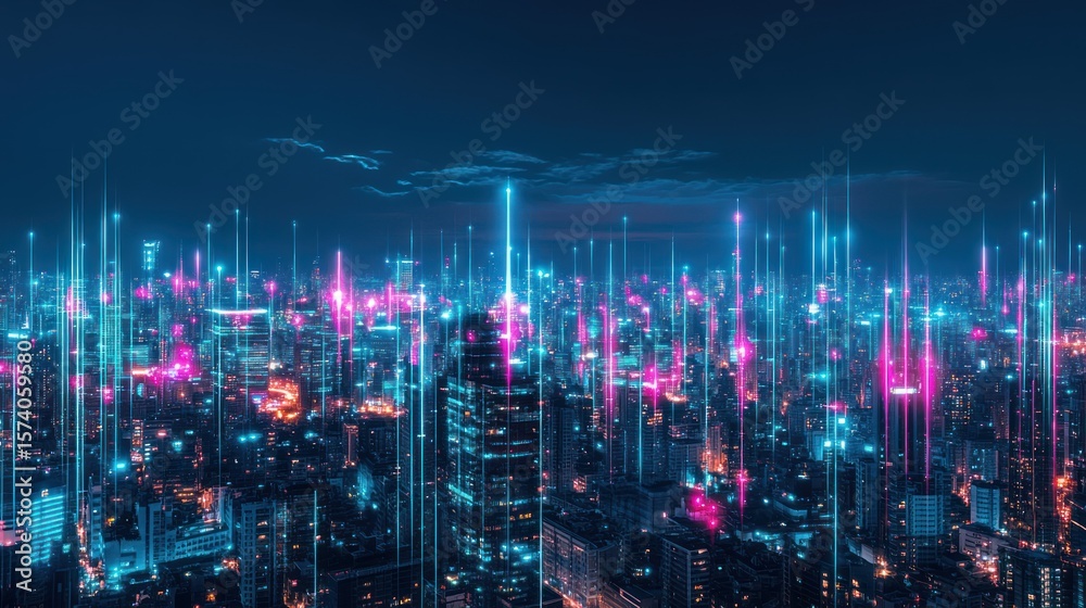 Fototapeta premium Neon Metropolis: A futuristic cityscape illuminated with vibrant technology beams