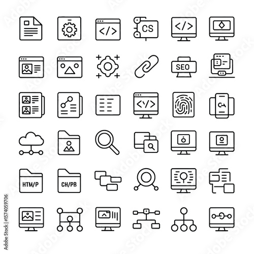 Thirtysix Black and White Line Icons Illustrating Website Development Website Structure S E O and Programming Concepts Each Icon Uniquely Depicts Various Aspects of Web Technologies