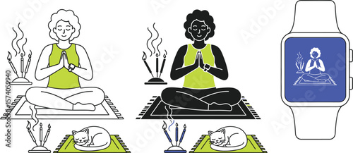 Illustration of woman meditating with cat and incense sticks next to a smart watch